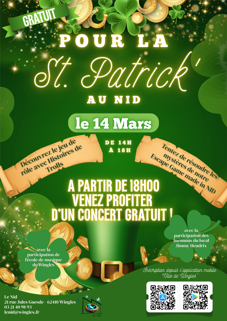 ceci est une affiche pour la saint patrick au NID le 14 mars de 14h à 20h