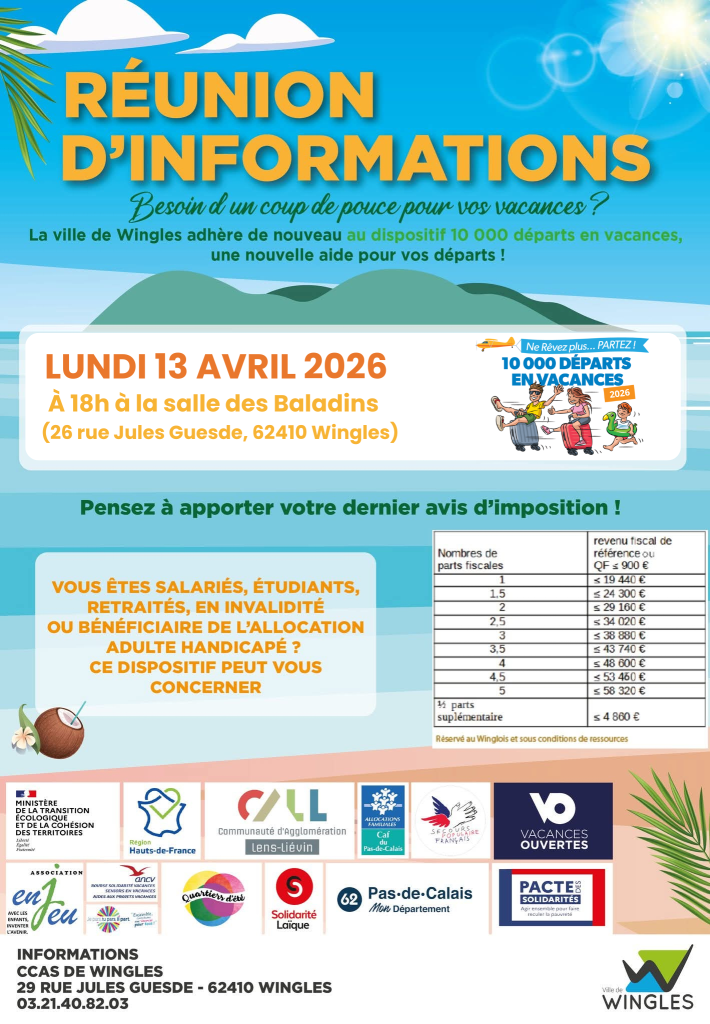 Réunion d’information – 10 000 départs en vacances le lundi 13 avril à 18h à la salle des Baladins