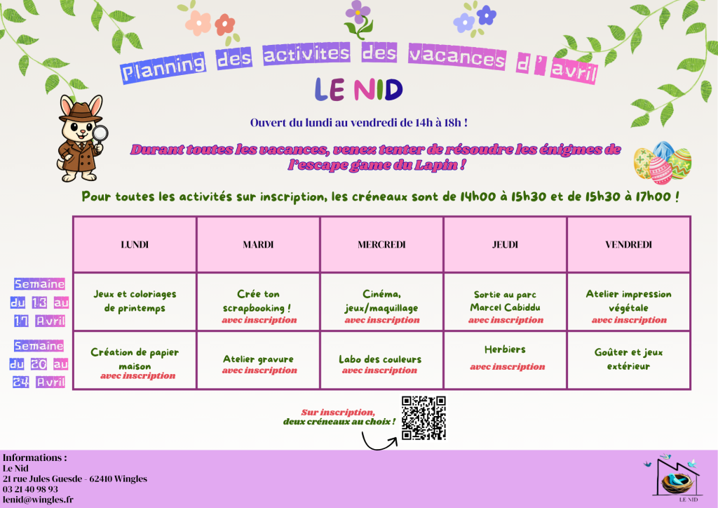 Planning des prochaines activités au Nid pendant les vacances de février