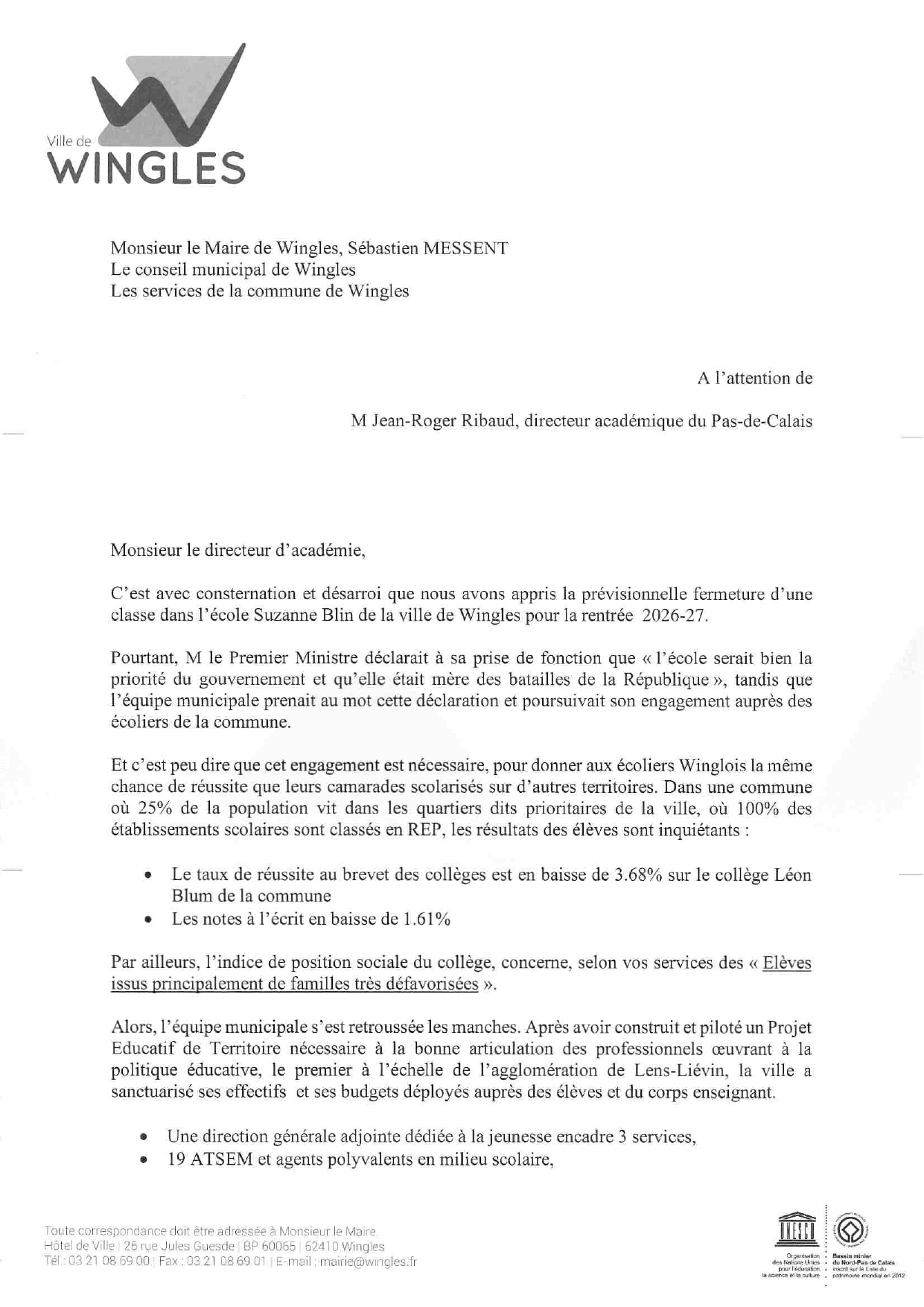 Lettre de la collectivité en réponse à l&rsquo;académie